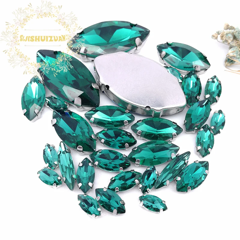 

Popular!MIX Malachite green Horse eye Size Crystal Glass Sew-on Rhinestones Silver Bottom DIY Women's Dresses and shoes 30pcs