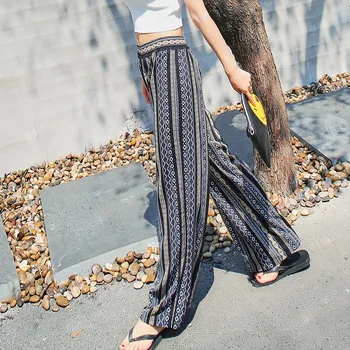 

Women Long summer Pants stripe Polka Net high quality Wide Legs Pants Bohemia Loose Elastic Waist Female Fashion Trousers New