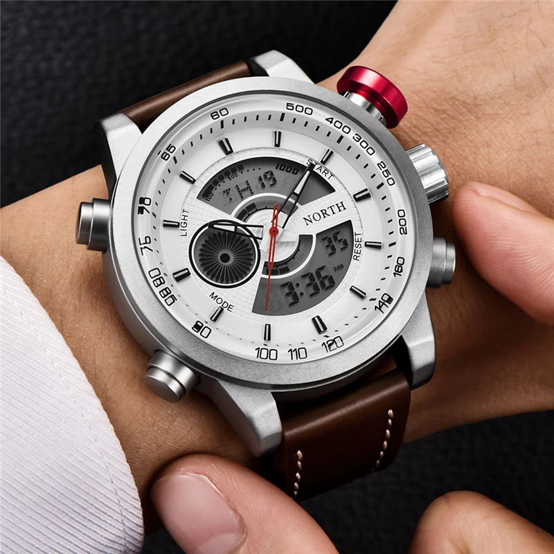 Skup Męskie zegarki do luksusowej marki męskie skórzane zegarki sportowe NORTH męska kwarcowy LED cyfrowy zegar wodoodporny wojskowy zegarek na rękę