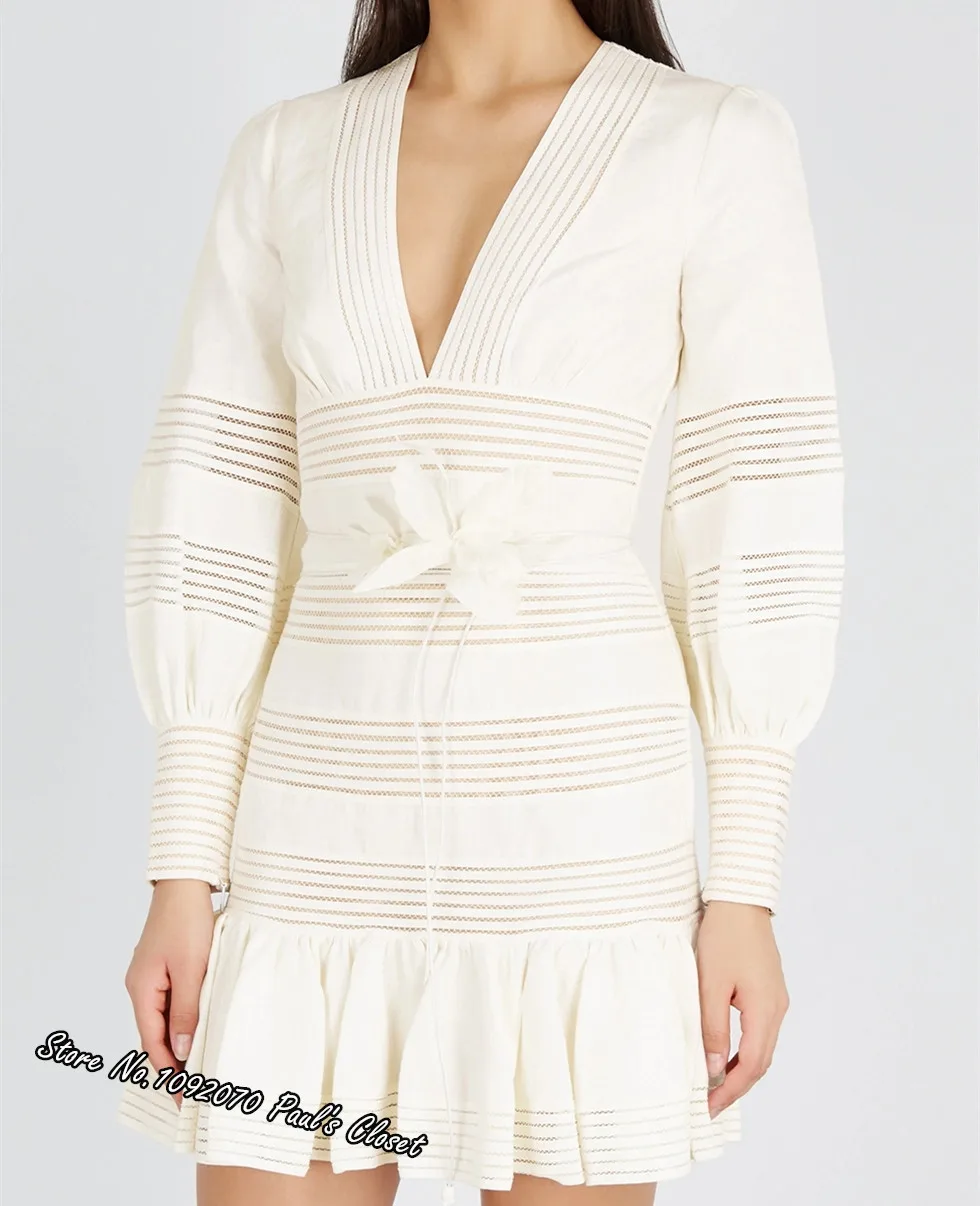 

Women V-neck Ivory Linear Linen Mini Dress