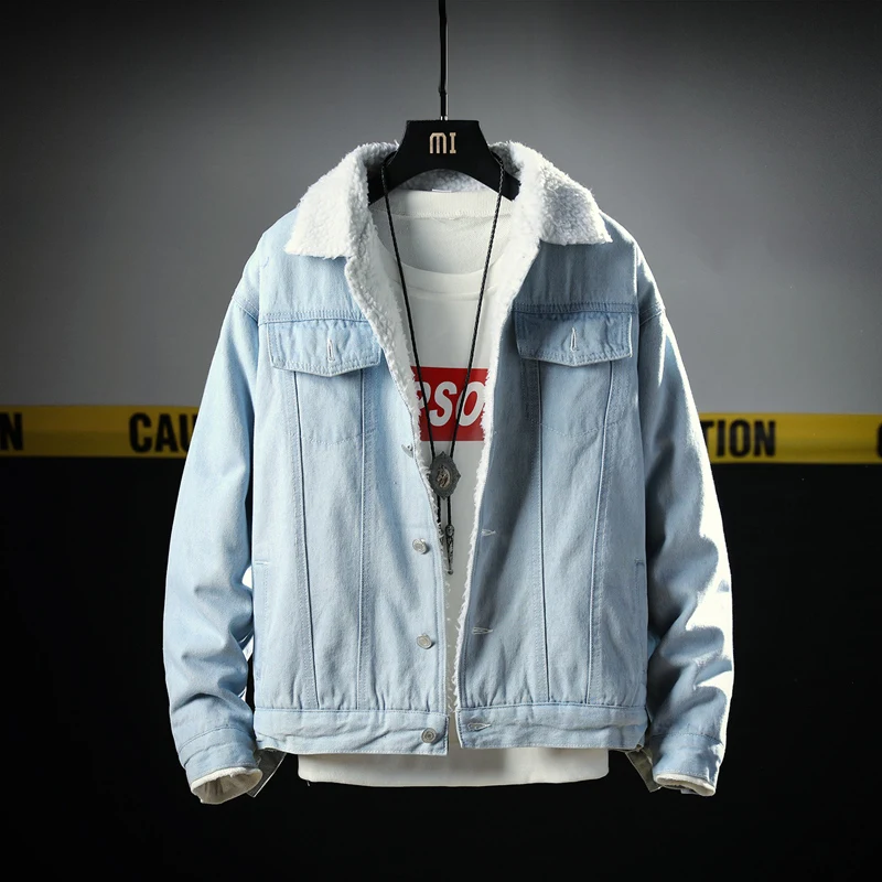 

2019 Fashion Winter Jacket Men Hip Hop Outwear Blue Color Wool Lamb Velvet Parka Men Red Stripe Patch Denim Warm Jacket Hombre