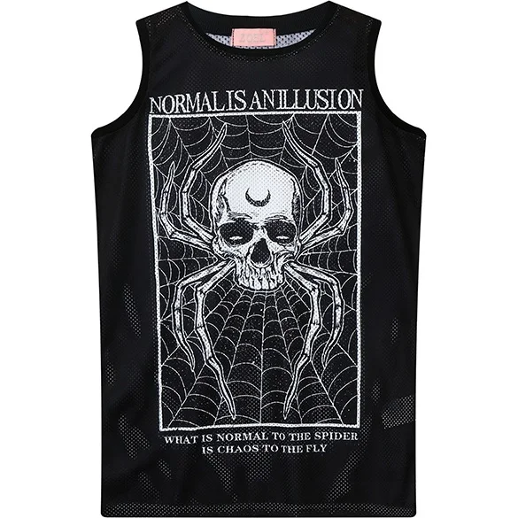 

Women Tank Top 2019 Summer Gothic Goth Dark Style Skull Spider Web Pattern Print Streetwear Mesh Jersey Tank for Girl Cami Black