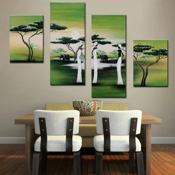 

Modern Abstract Artwork African Sun People Life Tree Oil Painting On Canvas 4 Panel Art Set Home Wall Decorative For Living Room