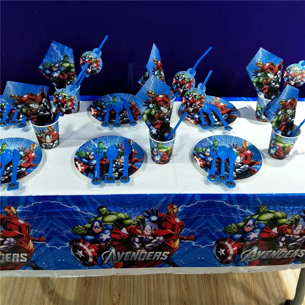 

82pcs/set Avengers Birthday Party Decoration Tableware Cup Plates Tablecloth Straw Fork Napkin Kids Party Supplies Boy