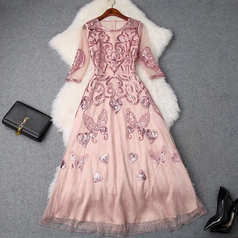 

Party Dress Elegant Women's 2019 Spring New Sequined Embroidered High Waist Mesh Patchwork Lace Round Neck Slim Dresses Midi