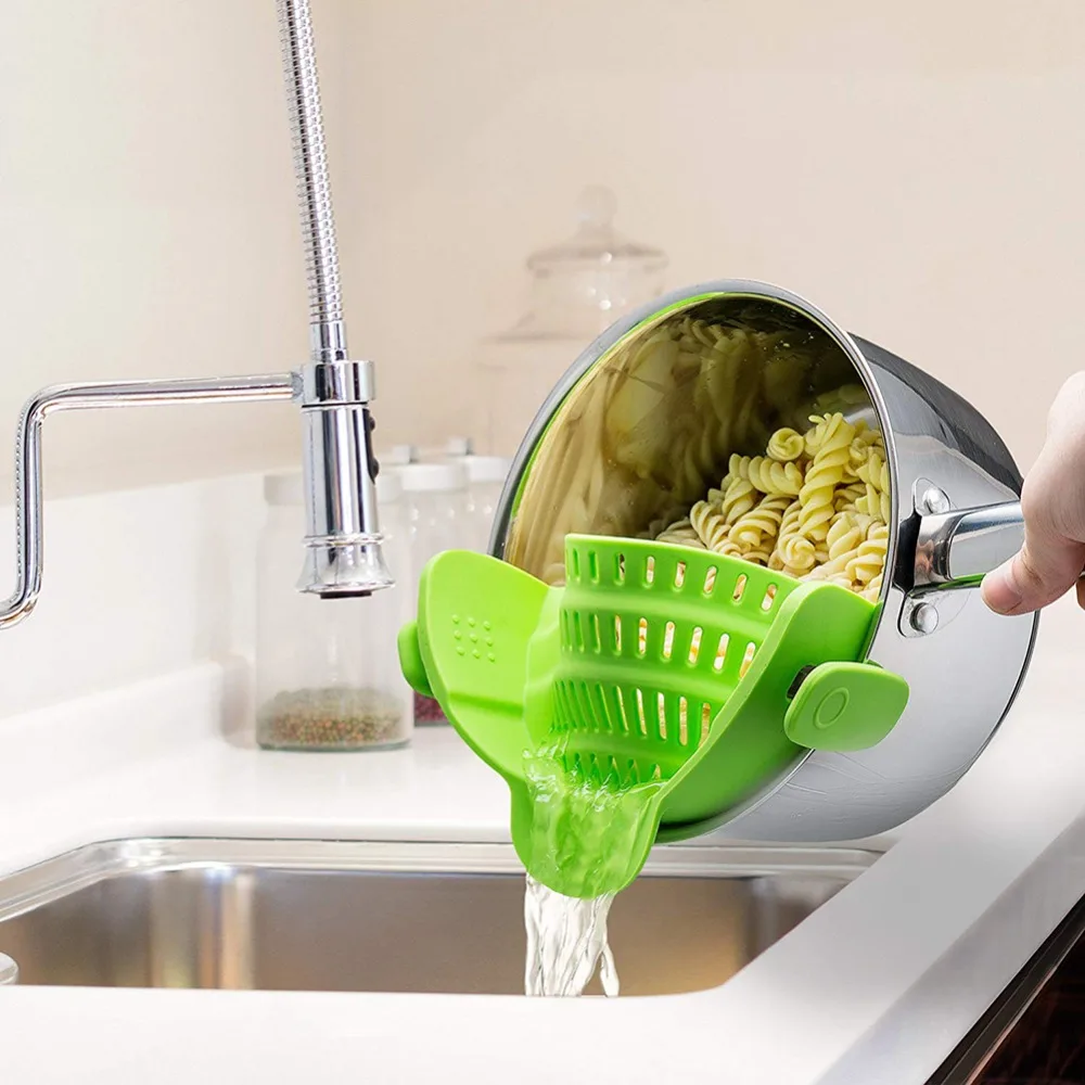 

Silicone Kitchen Strainer Clip Pan Drain Rack Bowl Funnel Rice Pasta Vegetable Washing Colander Draining Excess Liquid Univers