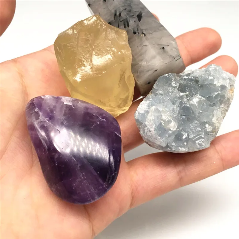 Natural black tourmaline quartz crystal point + celestine geode + citrine rough stone + amethyst polished stone (5)