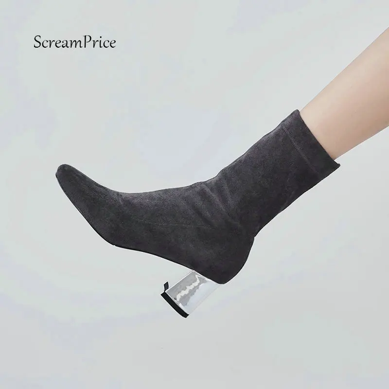 

Plus Size 43 Suede Stretch Boots Women Thick High Heel Ankle Boots Slip On Winter Fashion Boots Female Shoes Black Gray 2018 New