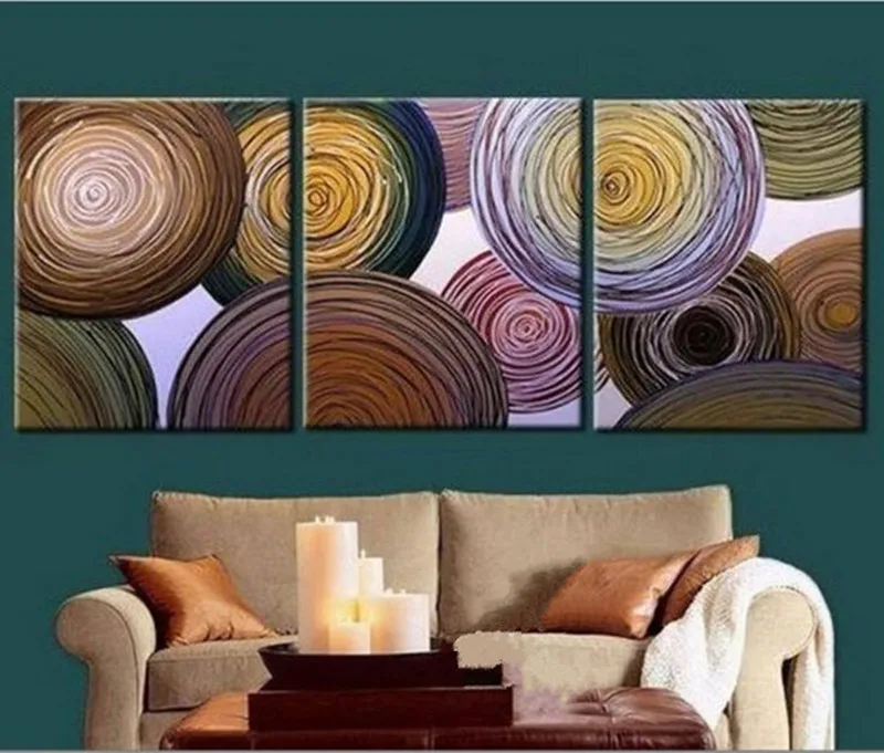 

Hand Painted Abstract Color Circles Lines Oil Paintings on Canvas Handmade 3 Panel Wall Painting Modern Home Cuadros Peinture