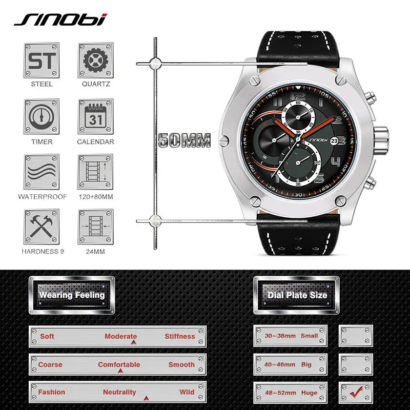 Ceny Relogio masculino SINOBI nowy mężczyzna chronografu zegarki na rękę kalendarz wodoodporne sportowe skórzane męska genewa wojskowy zegar kwarcowy