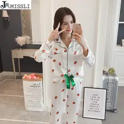 JRMISSLI гостиная сна атласные пижамы с принтом клубники Pijama Для женщин пижамы наборы шелковые пижамы Повседневное Домашняя одежда