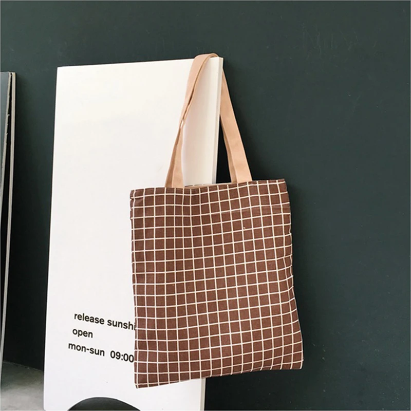 

Korea Plaid Shopping Bag Women Cotton Linen Canvas Tote Bag Foldable Reusable Eco Environmental Book Bags Recycled Double-use
