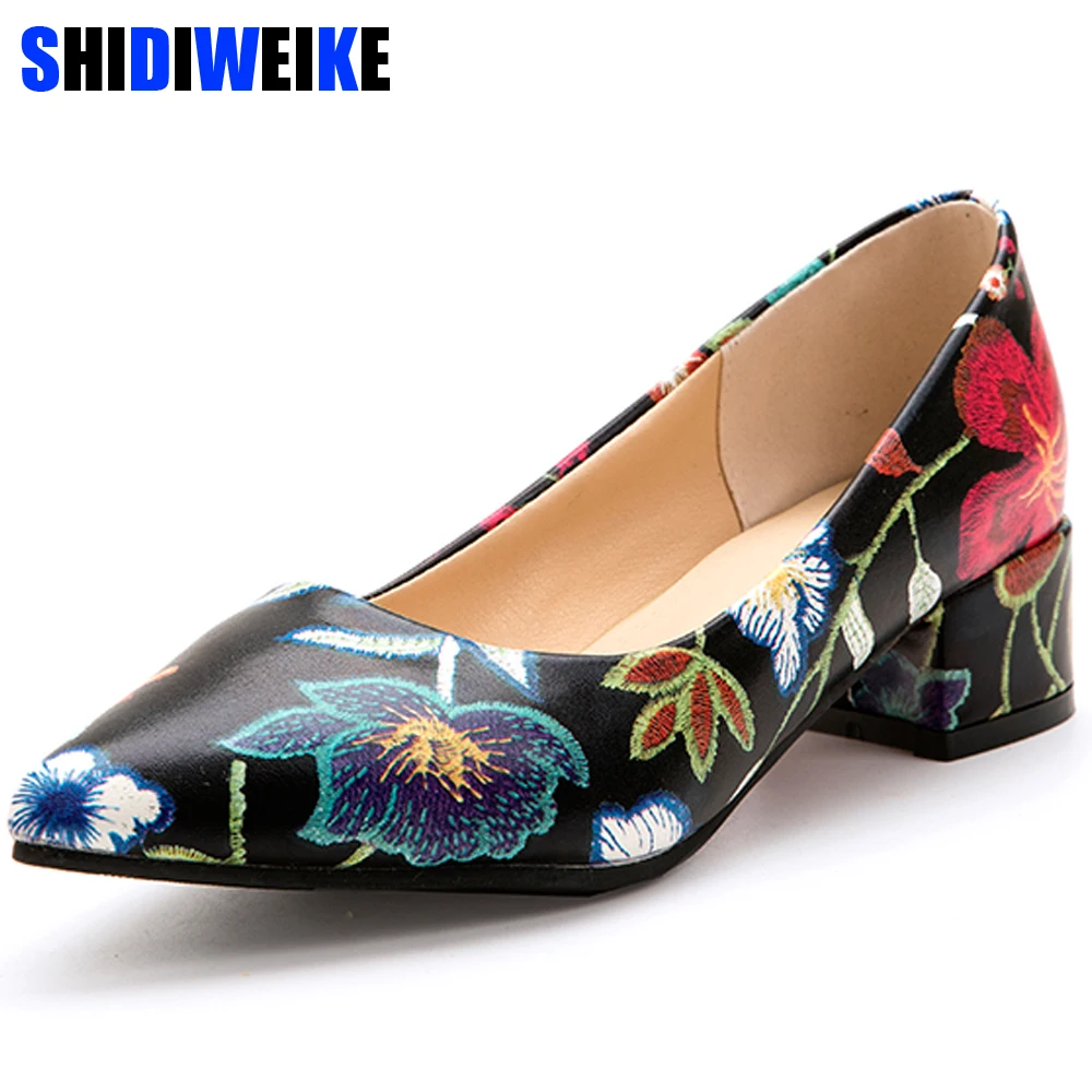

High Heels Women Shoes Heels Pointed Toe Square Heels Female Flower Pumps Cheap Work Shoes Yellow Red Large size g286