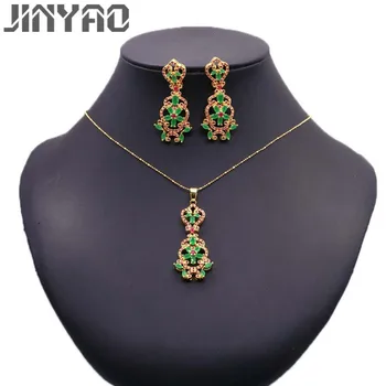 

JINYAO Fashion Flowers Red AAA Zircon Gold Color Pendant Necklace Earrings Set For Women/Girl Wedding Party indian Jewelry Gifts
