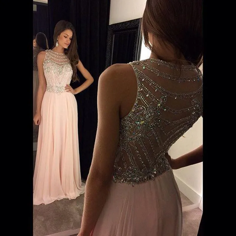 Real Photos Prom Dress 2018 Boss-Neck Sleeveless Cover Back Chiffon with Crystal Bridesmaid Dresses whJ03