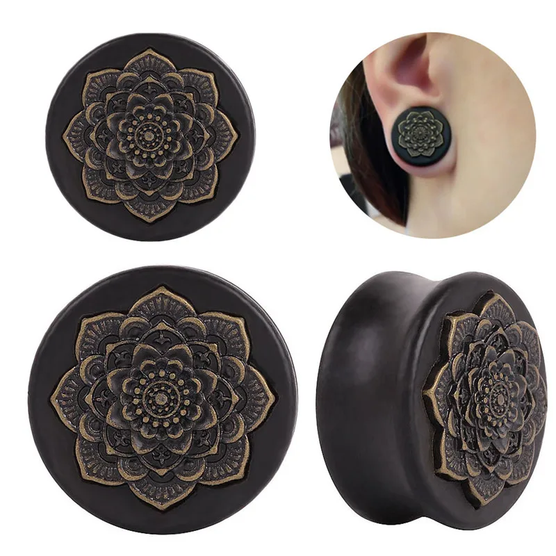 Nouveau Style 2 PCS Noir Naturel Bois Mandala Fleur Bouchons D'oreille Tunnels Extenseurs D'oreille Boucle D'oreille Jauges Piercing Plug