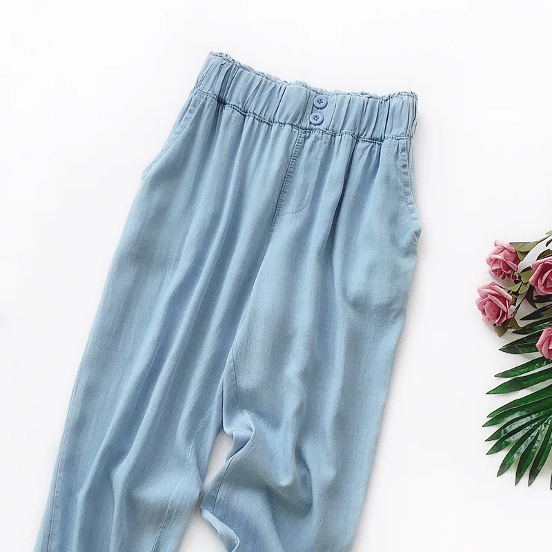 AcFirst Summer Cotton Tencel Women Fashion Blue Long Loose Pants Harem Pants Elastic High Waist Female Pants Cowboy Jeans AcFirst Summer Cotton Tencel Women Fashion Blue Long Loose Pants Harem Pants Elastic High Waist Female Pants Cowboy Jeans