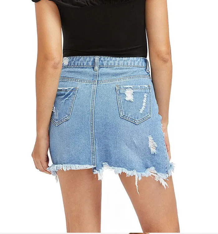 Denim Skirt Casual High Waist Blue Light Wash Women Distressed Mini Pencil Skirt Ladies Sexy Ripped Summer Vintage Jeans Skirt