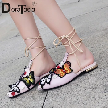 

DORATASIA Genuine Leather 2019 Hot Sale Pointed Toe Classics Slippers Woman Shoes Black Red Shoes Woman Sandals Female
