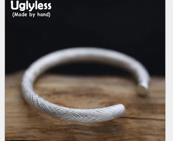 

Uglyless Real S925 Sterling Silver Hollow Thick Round Bangles for Women Simple Plant Opening Bangle Handmade Brushed Fine Bijoux