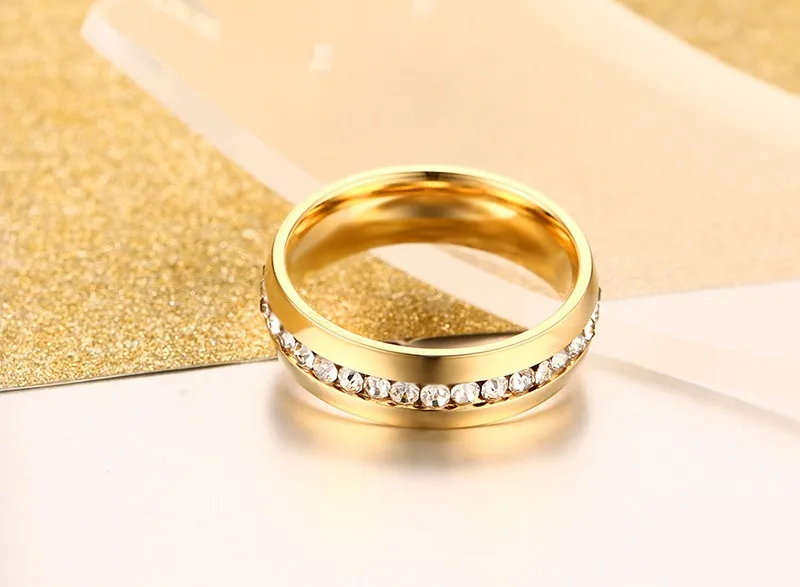 Modyle 2019 New Classic Gold Color Crystal Wedding Ring for Women 6mm Stainless Steel Engagement Female Finger Jewelry