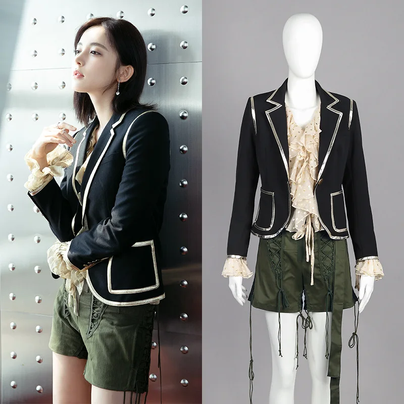 

Qi Wei Gulinaza's Same Suit In Autumn 2019 Stitching British Jacket Button Notched Single Button Patchwork Women Clothes Suit