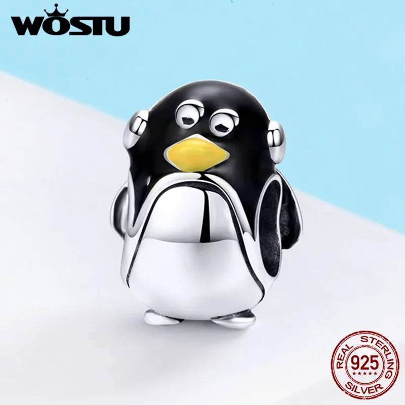 WOSTU Genunie 925 Sterling Silver Black and White Enamel Cute Penguin