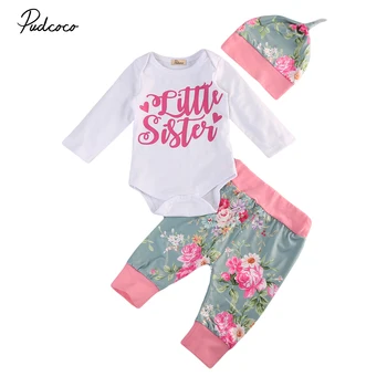 

2017 Autumn baby girl clothes set Newborn Infant little sister Romper Jumpsuit Bodysuit floral Pants hat baby floral clothing