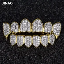 JINAO Чистый золотой цвет и посеребренный хип-хоп Grillz микро Pave CZ Золотой Клык верх и низ GRILLZ Рот Зубы грили вампирский набор