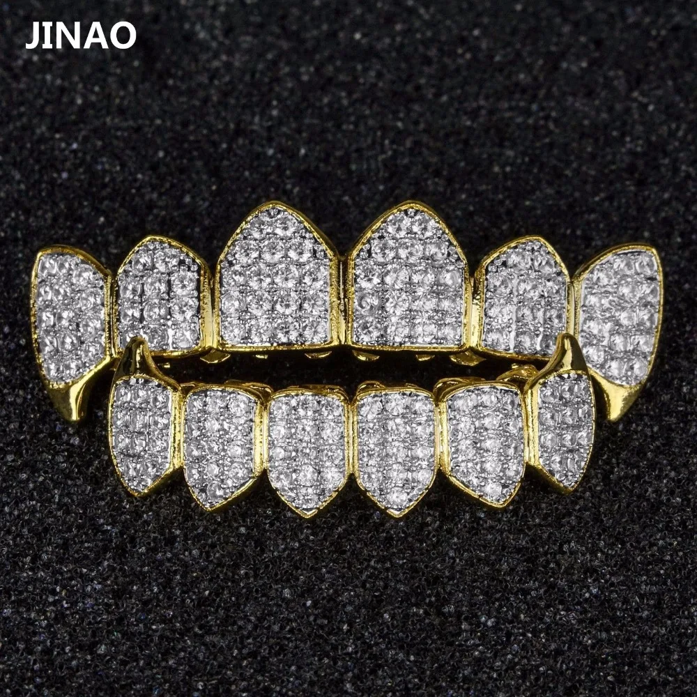 Comprar JINAO Color oro puro y Chapado en plata HiP Hop Grillz Micro Pave CZ colmillo de oro superior e inferior GRILLZ boca dientes parrilla set de vampiro