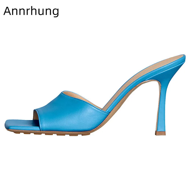 

Chic 2019 Square Open Toe Slippers Thin High Heels Slingback Summer Shoes Fashion Genuine Leather Slippers Women Zapatos Mujer