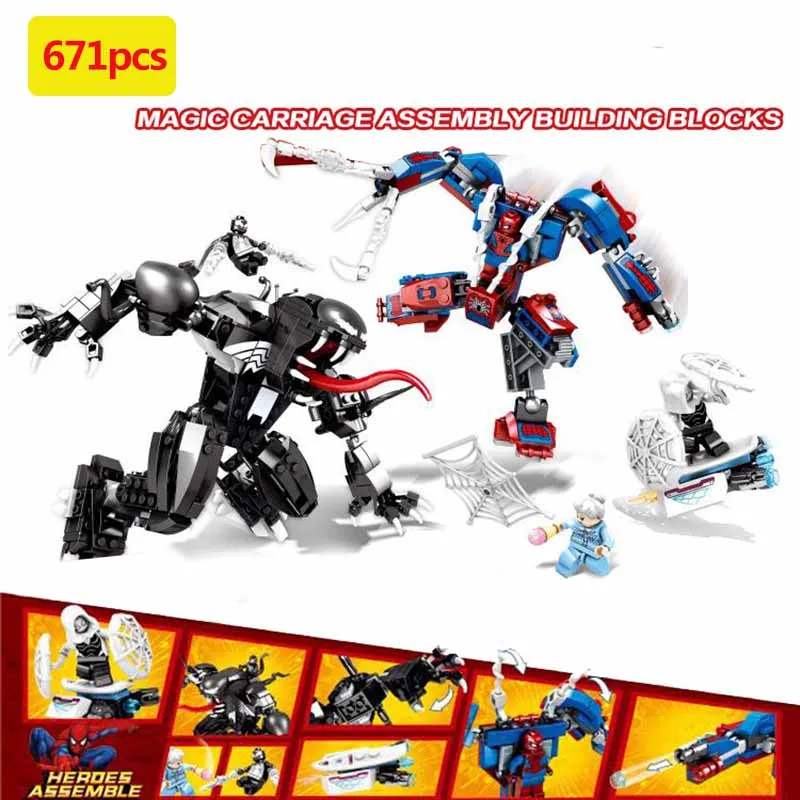 

671pcs Marvel Avengers Superhero series Spiderman vs. Venom Mech Building Blocks For children Gifts compatible legoings
