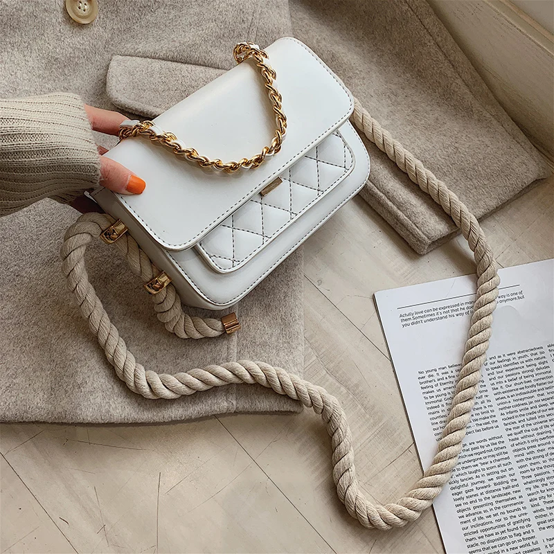 

Small Chain Crossbody Bags With Rope Shoulder Strap For Woman 2019 Quilted PU Leather Shoulder Bag Fashion Handbags and Purses