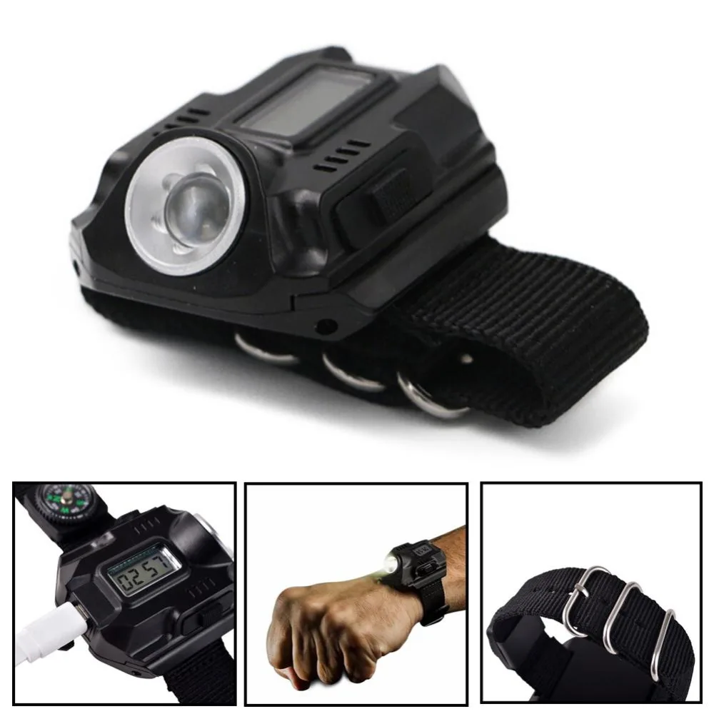 

Free Shipping LED Wrist Watch Flashlight Torch Light XPE R2 USB Rechargeable Tactical Flashlight Lantern Easy Carry High Qualit