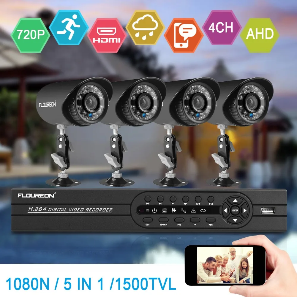 Камера Наружного видеонаблюдения FLOUREON AHD 4 канала 1080N HDMI DVR 1.0мп 1500TVL с защитой от