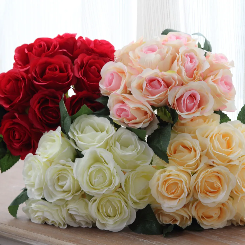 10 шт./букет, искусственные розы, настоящие на ощупь, искусственные цветы для свадьбы, свадебные, вечерние, на день Святого Валентина, Декор для дома