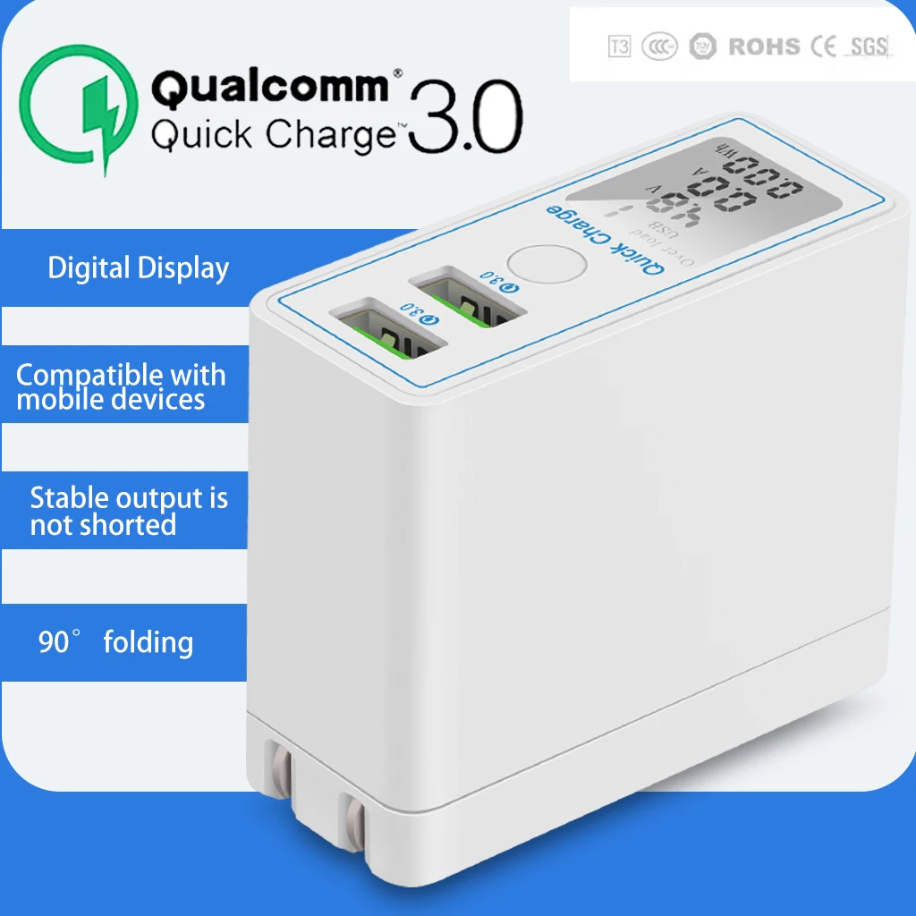 

2 Port USB Quick Charging 3.0 Adapter Smart Safe Mobile Phone Charger LCD Display FOR Huawei Samsung Iphone Travel Wall Charger