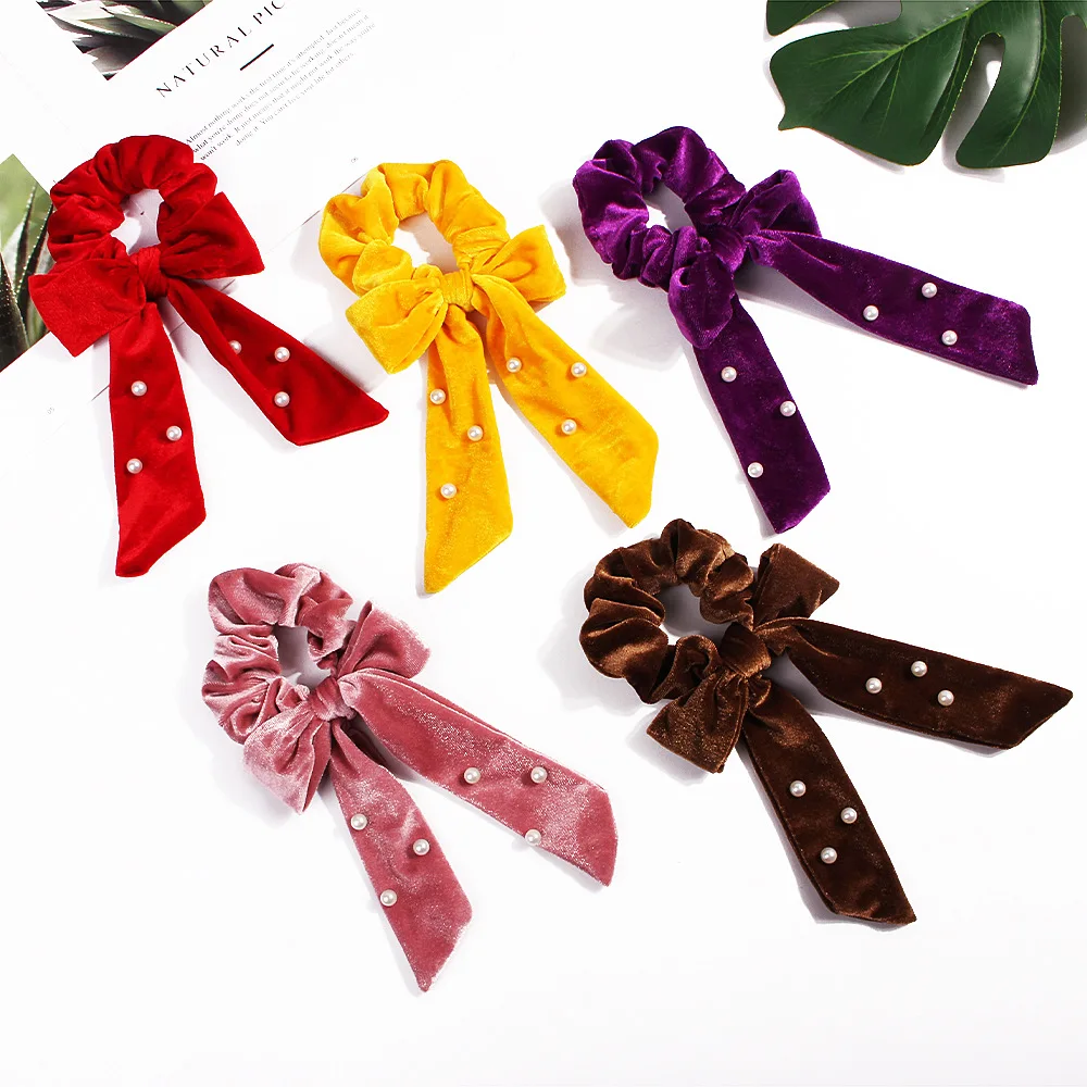 

JZJR Free Shipping Women Velvet Pearl Ribbon Hair Bands DIY Knot Bow Hair Scrunchies girl's hair Tie Accessories Boho Headband