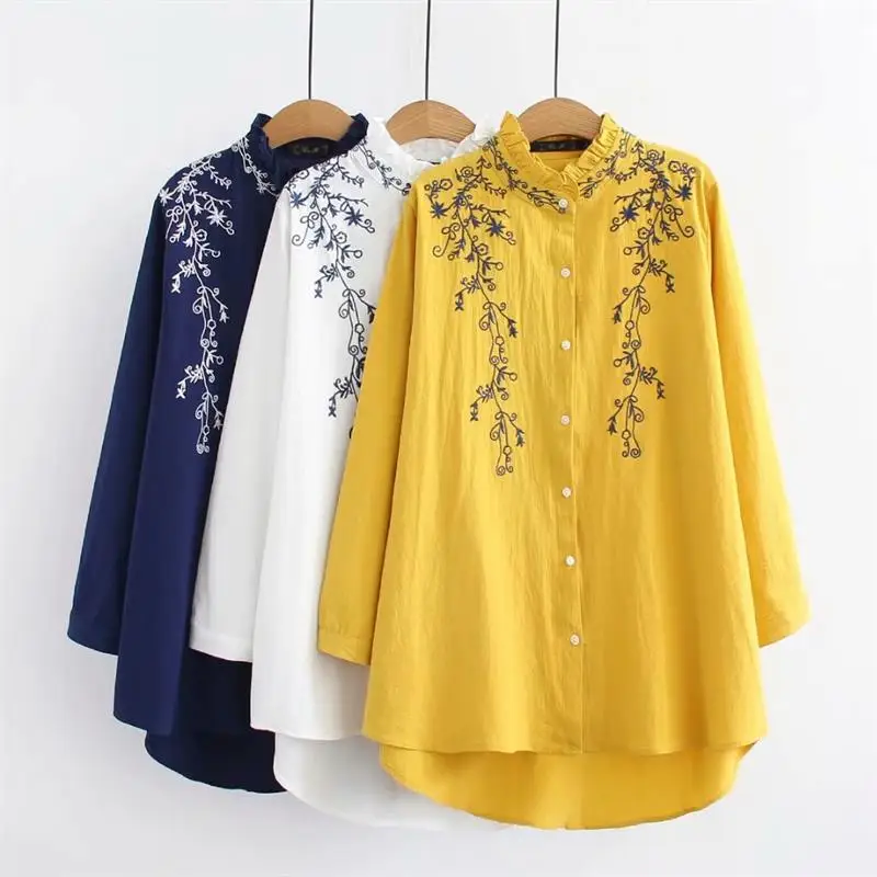 Plus size ruffled collar long sleeve blouses women 2018 Embroidered white & dark blue & yellow shirt Spring & autumn ladies tops