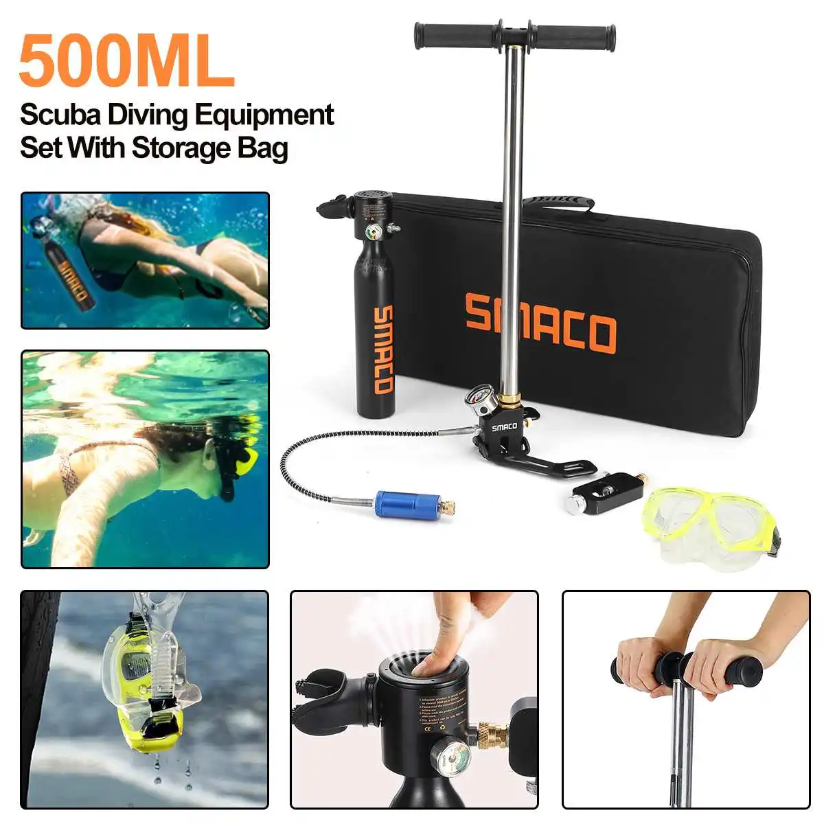 

0.5L 5 in 1 Black Diving Set Mini Scuba Glasses Cylinder Oxygen Reserve Air Tank Pump Snorkeling Diving Equipment Storage Bag