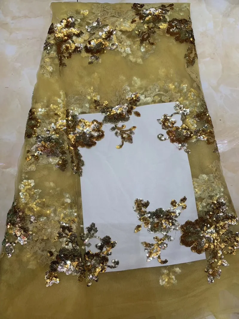 

(5yards/pc) high quality gold color African French net lace fabric with sequins embroidey for party dress FCC002