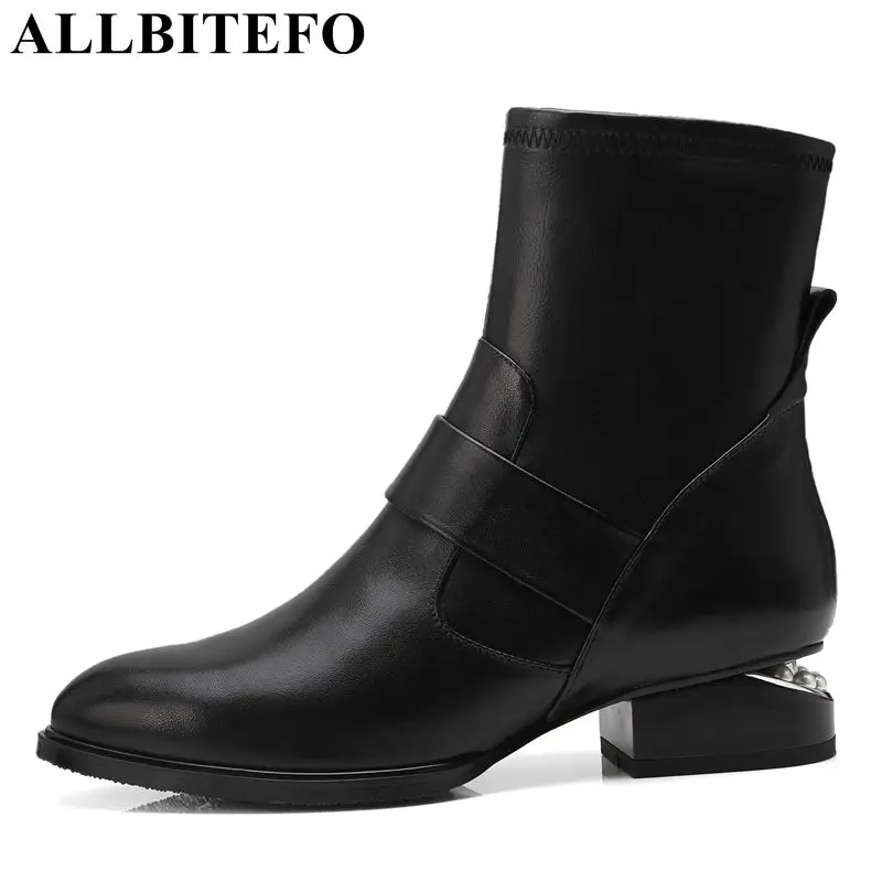 

ALLBITEFO 2018 genuine leather thick heel women boots brand high heels ankle boots girls high heel shoes winter motorcycle boots