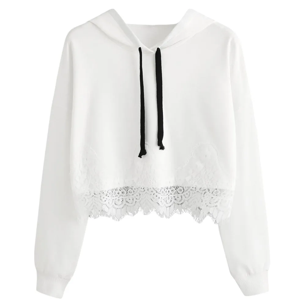 Толстовки женские кружевные одноцветные с длинным рукавом белые черные худи кофты короткие белые пуловеры Длинные Топы Рубашки busos TT - Цвет: White