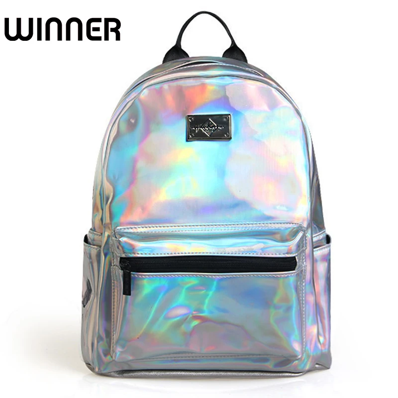 

Brand Fashion Holographic School Backpack Women Backbag Lady PU Leather Small Backpack Silver Bagpack Travel