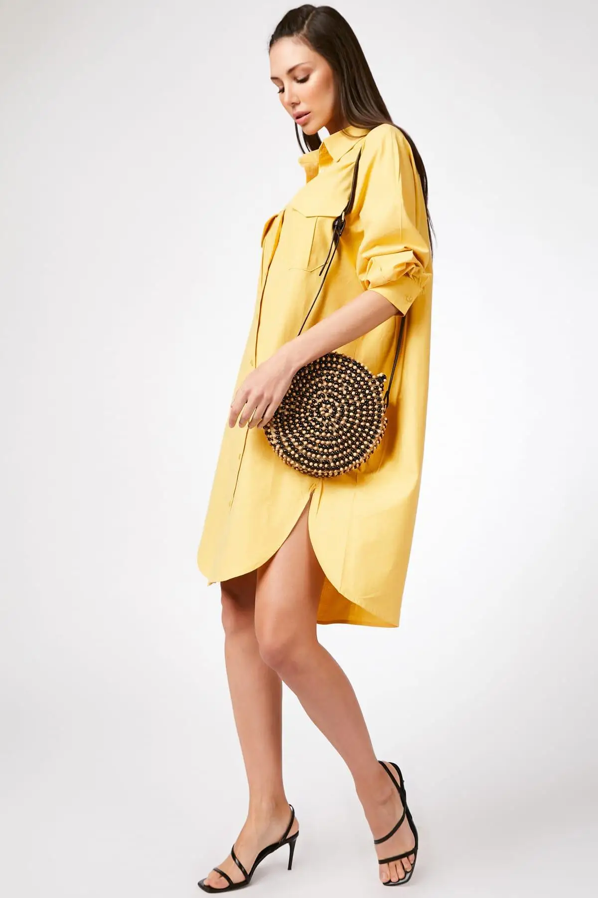 

Happiness ist. Women's Yellow Double Pockets Linen Shirt Dress FN01319