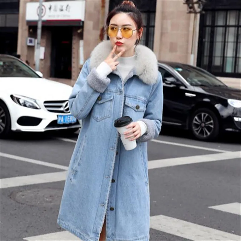 Европейский стиль, Женское зимнее модное плотное вельветовое джинсовое пальто из лисьего меха высокого качества с хлопковой подкладкой, женское длинное пальто из овечьей шерсти - Цвет: blue
