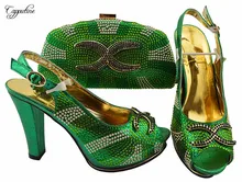 Most popular green party sets series African sandal shoes with handbag set with rhinestones JZS-03 many color