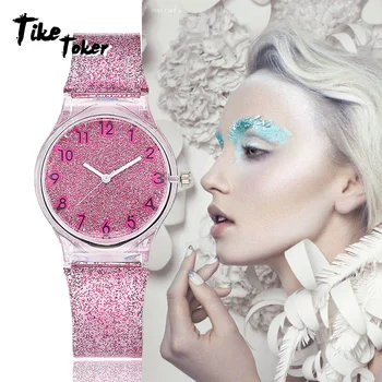 

TIke Toker,Jelly Silicone Transparent Sparkle Plastic Band Women Watche Unique Hot Selling 2018 New Fashion Relogio feminino
