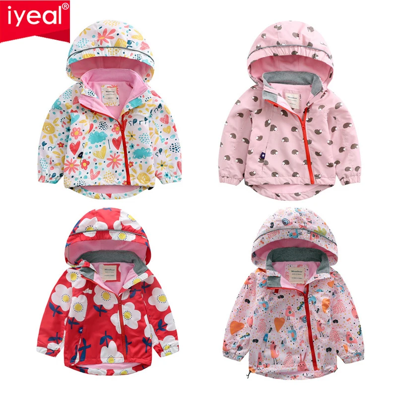 

IYEAL Kid Baby Girls Printed Outerwear Fleece Lining Windbreaker Waterproof Raincoat Children Girl Hooded Jackets Coat 2-8 Years