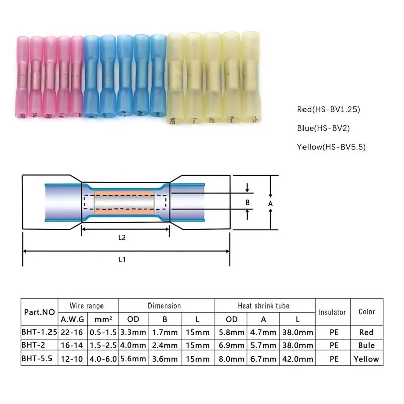 30/60 шт изоляцией термоусадочный стыковой Терминал 3 размера термоусадочные обжимные клеммы электрические проводные, кабельные разъемы 22-10 AWG